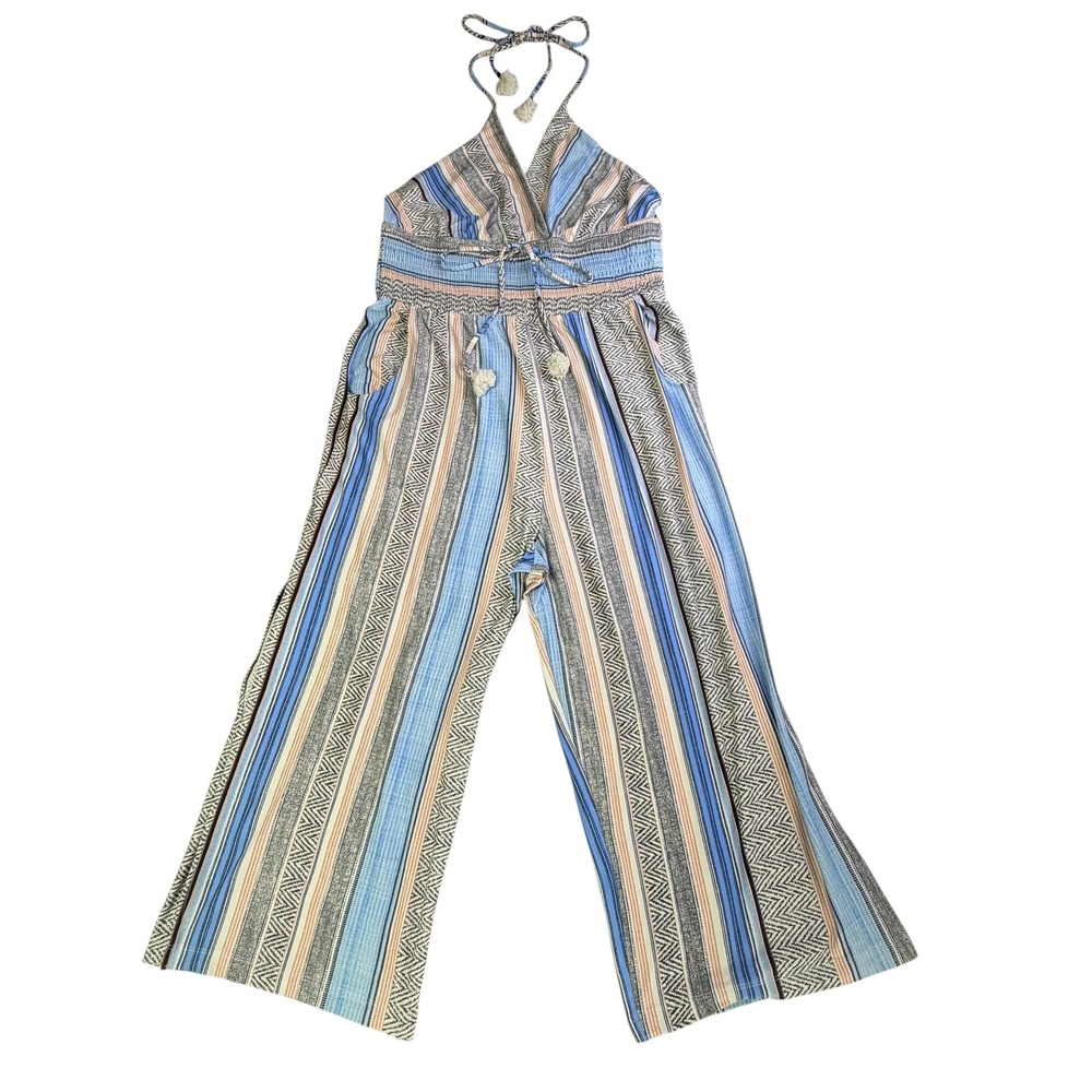 Venus Jumpsuit Multicolor Wide Leg Halter Smocked Tassel Stripe Boho Beach XL